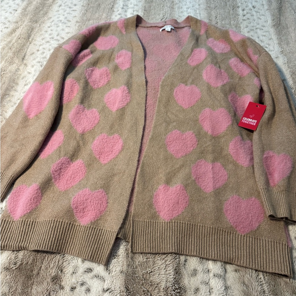 Celebrate Together Women’s Tan Cardigan with Pink Hearts - Picture 2 of 4